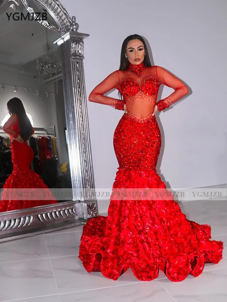 

Glitter Prom Dresses 2021 Mermaid High Neck See Through Long Sleeves Red 3D Flowers Train African Girls Women Formal Party Gowns