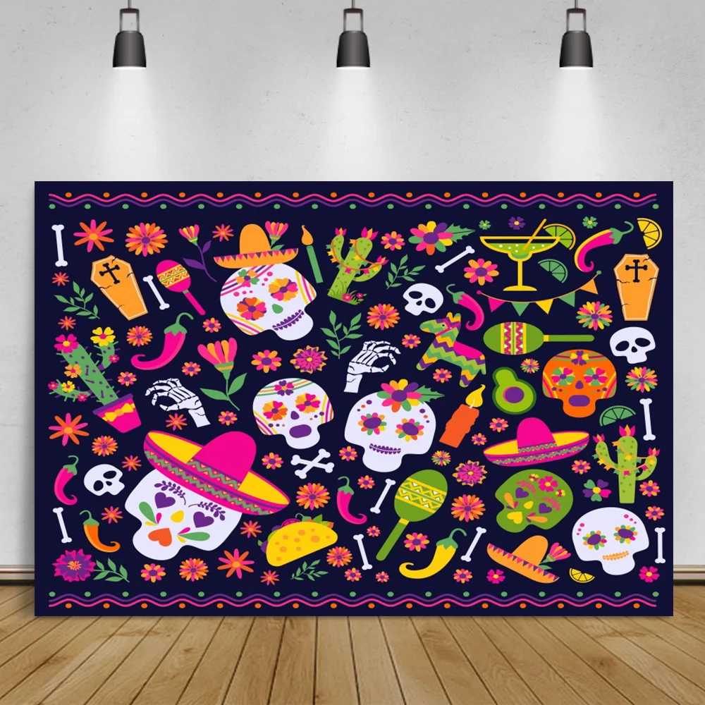 

Laeacco Skeleton Flower Candle Background Poster Day of The Dead Mexican Party Decor Photographic Backdrop Banner Photo Studio