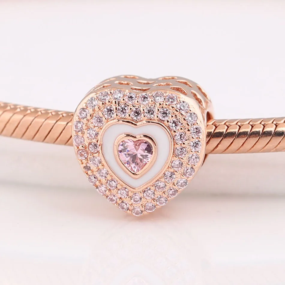 

Authentic S925 Silver Rose Hearts On Hearts With Crystal Bead Charm for Women Bracelet Bangle DIY Jewelry