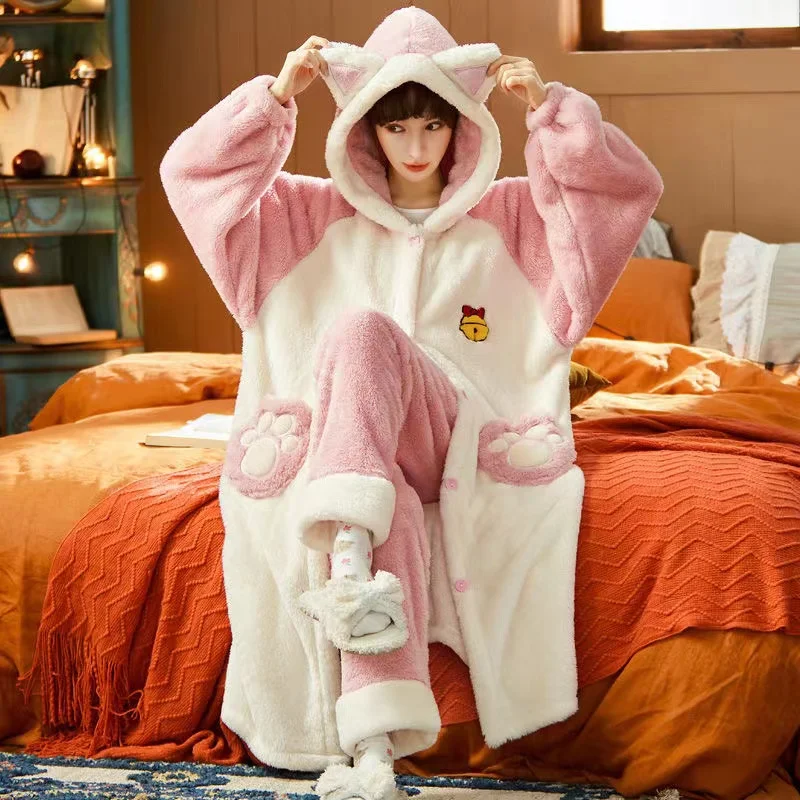 Women Winter Pajamas Set Thick Warm Sweet Cute Long-Sleeved Trousers Sleepwear Casual Loose Home Clothing Female