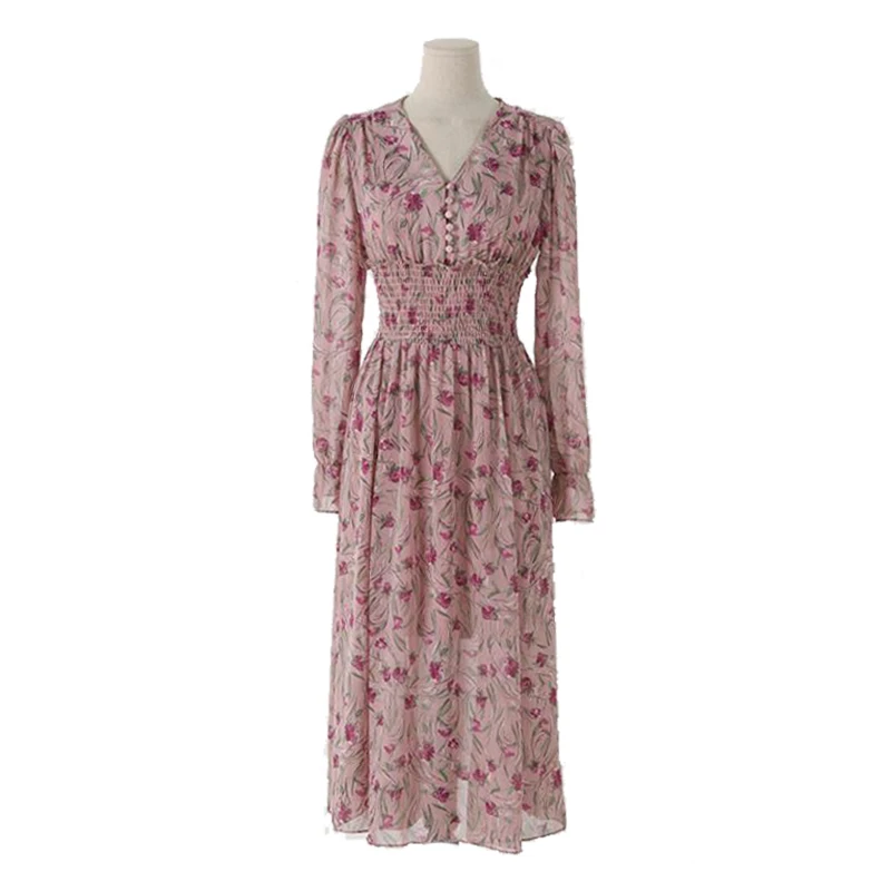 

New Flower Dress Women Floral Chiffon Clothes Maxi Dresses Beach Elegant Autumn Pink Korean Long Sleeve V Neck Vestidos