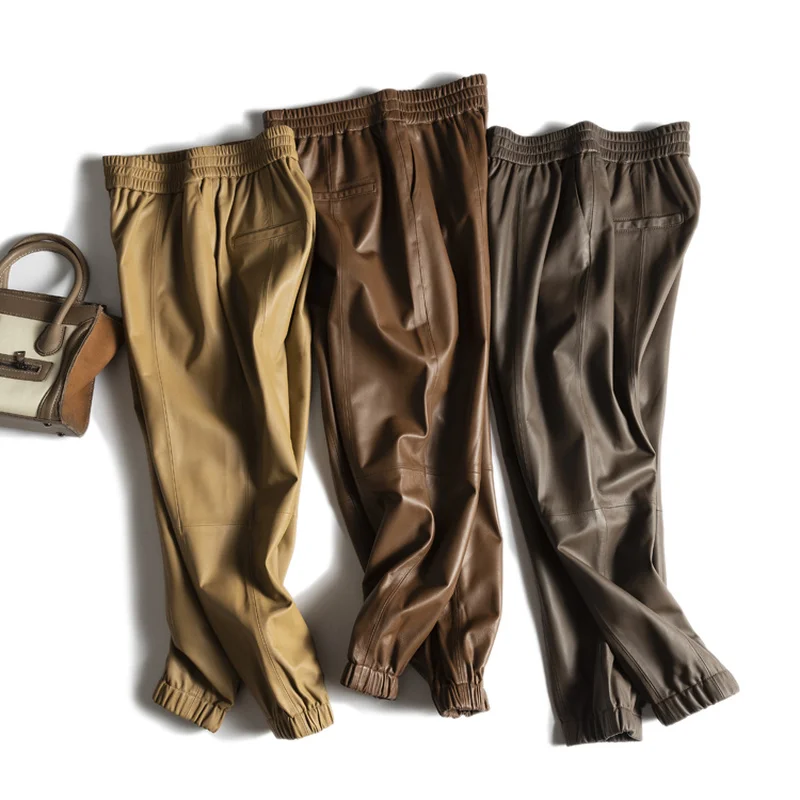 

JCHB 2021 High Quality 100% Sheepskin Leather Pants Women Casual Harem Pants Spring Autumn Women's Trousers Pantalon Mujer Pph2