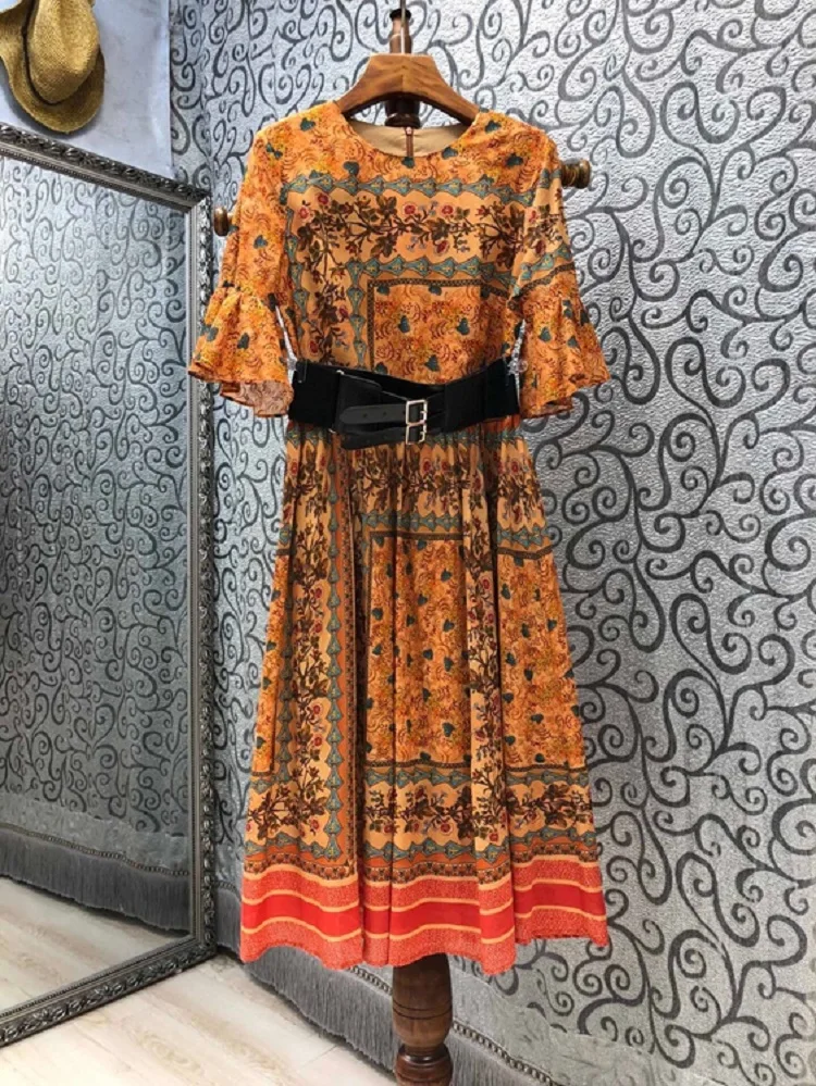 

100%Cotton Women Dress 2021 Summer Women Vintage National Style Print Wide Belt Deco Flare Sleeve Mid-Calf Orange Dress Casual