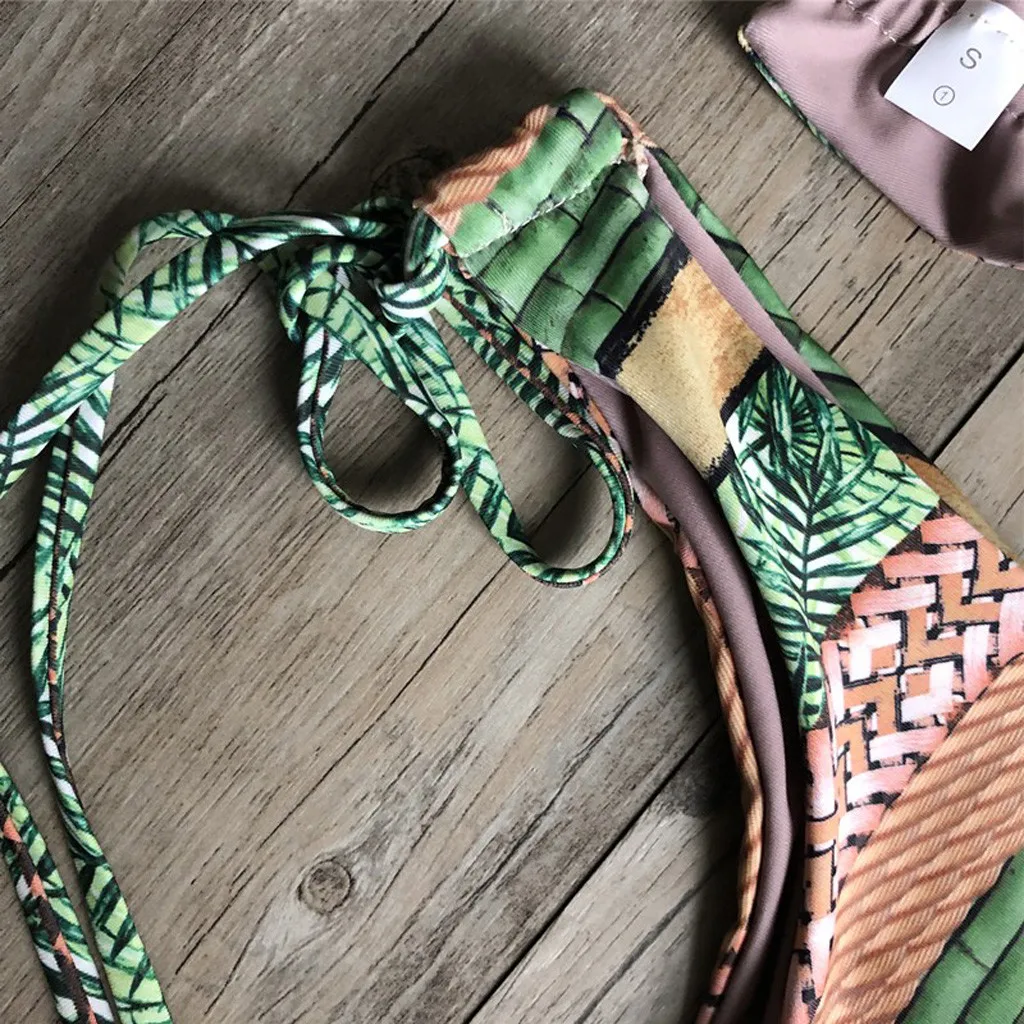 

Summer Women Sexy Bandage Brazilian Bikini Sets Print Beach Push-up Vintage Retro Swimwear Ladies Lace Up Swimsuit Beachwear