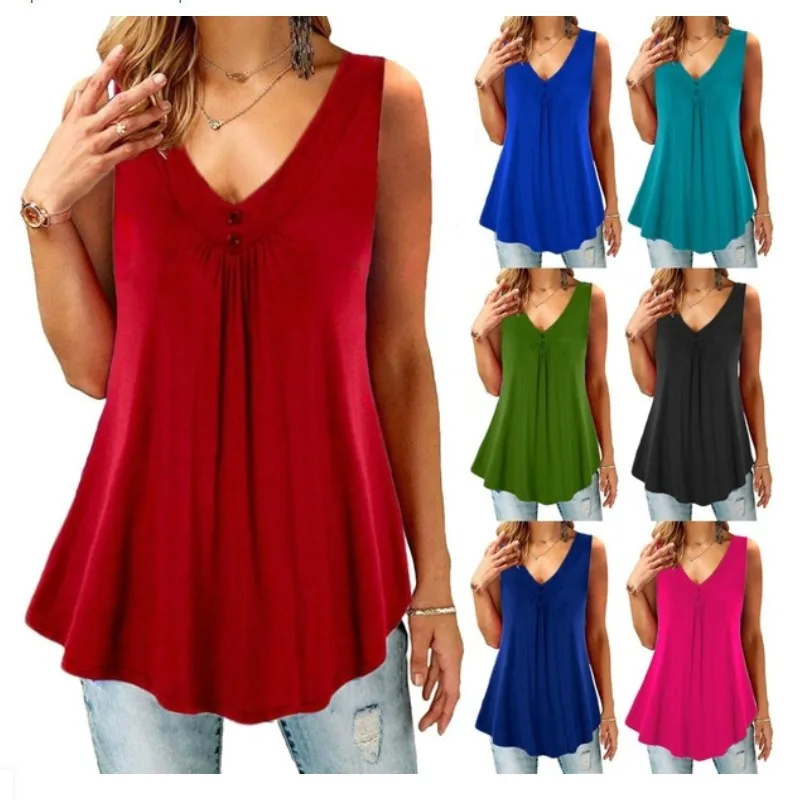 

Women's New Solid Color V-neck Pleated Button Sleeveless Vest Top