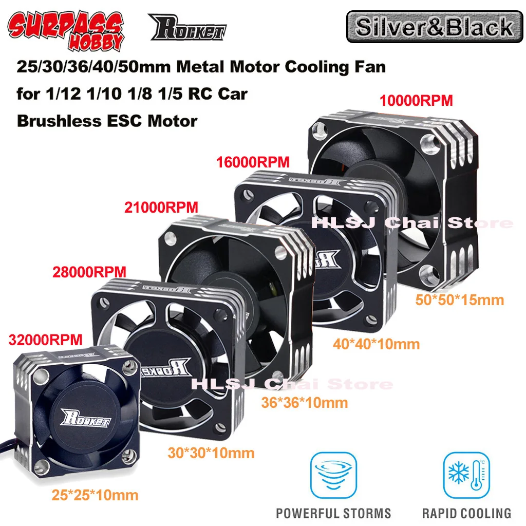 

Surpass Hobby Rocket 25mm 30mm 36mm 40mm 50mm Aluminum Metal Cooling Fan For RC ESC Motor Heat Dissipation-Silver&Black