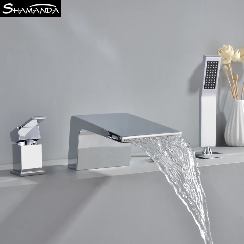 bath solid brass 4pcs gold brushed waterfall bathtub faucet set black 4 holes hot and cold water mixer tap bathroom products free global shipping