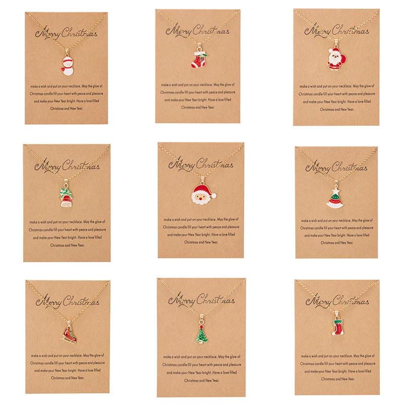 

Cute Christmas Pendant Necklace Wish Card 2022 Xmas Jewelry Gifts Snowman Snowflake Santa Claus Deer Women Chain Choker Collar