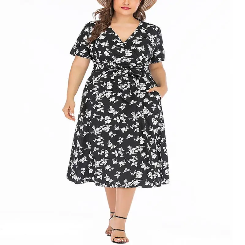 

New Large Size Dress 4XL-8XL Bust 135CM Fashion Bohemian Women's Sexy V-Neck Short Sleeve Floral Dress