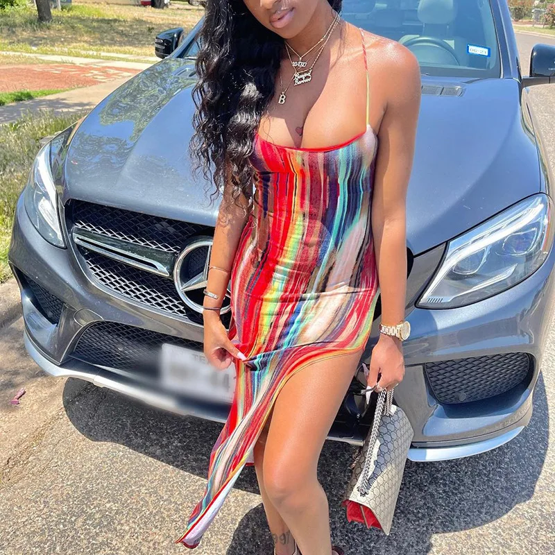 

Summer Women'S Dress 2021 Sexy Backless Bandage Long Dress High Split Tie Dye Spaghetti Strap Bodycon Dress Boho Vestidos Robes
