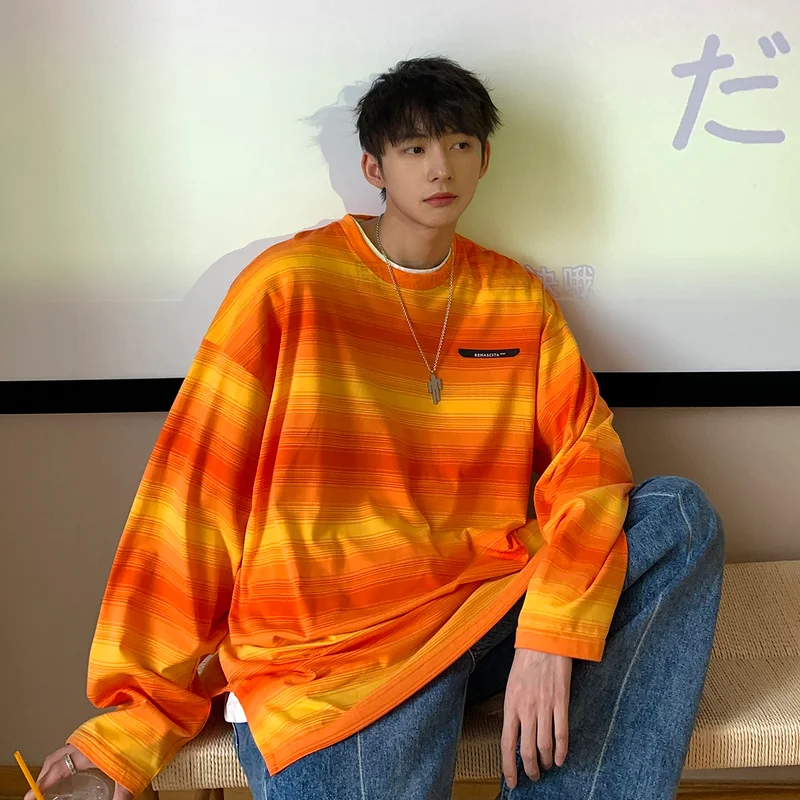 

Autumn Long Sleeve O-neck Pullover T-shirts Men 2021 Gradient Striped Loose Casual Tshirt Japanese Street Tops Sudadera Hombre