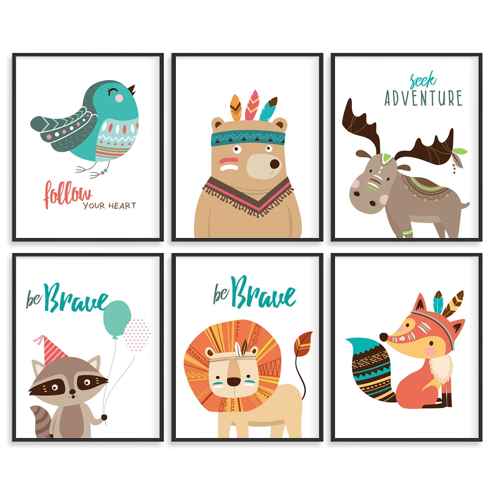 

Cartoon Animal prints Wall Art Canvas posters Artwork decor (Set of 6pcs) Deer Fox Lion Unframed Nordic Kids Room Decor