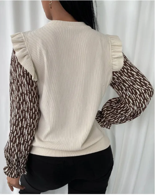 

Women Ruffles Fly Sleeve Blouse Autumn New Office Lady Long Sleeve Round Neck Pullover Tops Fashion Print Ribbed Bottoming Shirt