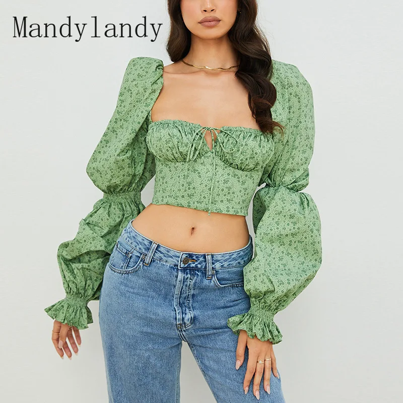 

Mandylandy T-shirt Womens Sexy Flare Sleeve Lace-up Backless Square Collar Pleated T-shirt Summer Printed Slim Patchwork T-shirt