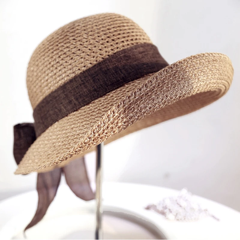 Шляпа от солнца Соломенная женская шляпа с большими полями и бантом складная