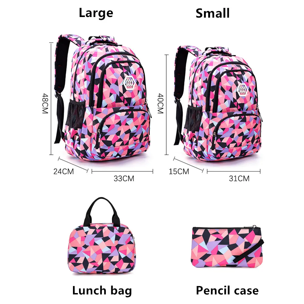 School Bags for Girls Geometric Print Kids Backpack with Lunch Case Elementary Bookbag Large Capacity Mochilas
