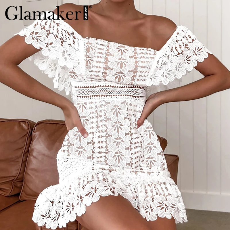 Женское ажурное офисное платье Glamaker белое элегантное кружевное с коротким