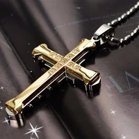 european and american domineering double layer diamond inlaid dark knight stainless steel cross pendant mens necklace