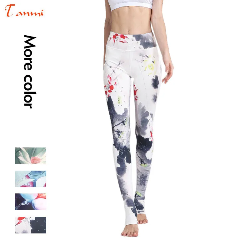 Цветные леггинсы полной длины с принтом для йоги обтягивающие высокой талией
