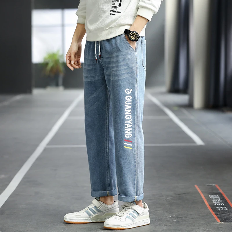 

Jeans Men Loose Straight Leg Pants Elastic Waist Teenager Casual Elastic Pants Mouth Kpop Clothes Hip Hop Wide Leg Long Retro