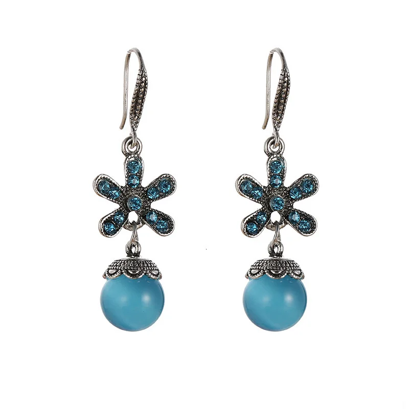 

Bohemia Vintage Women Earrings Ethnic Style Antique Silver Color Rhinestone Flowers Opal Dangle Earrings Jewelry