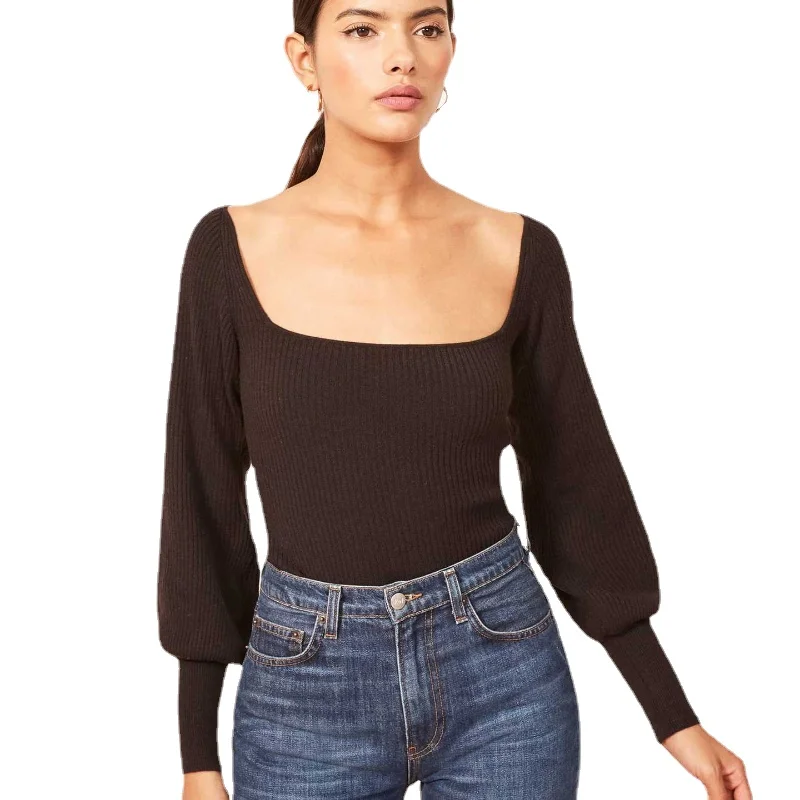 

New Retro French Palace Lantern Sleeve Bottoming Shirt Women European and American Style Square Neck Sexy Stretch Slim T-shirt
