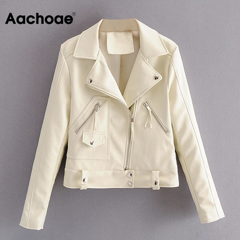 

Aachoae Chic Solid Pu Leather Jacket Women Long Sleeve Streetwear Short Tops Lady Lapel Neck Stylish Office Wear Coat Outerwear