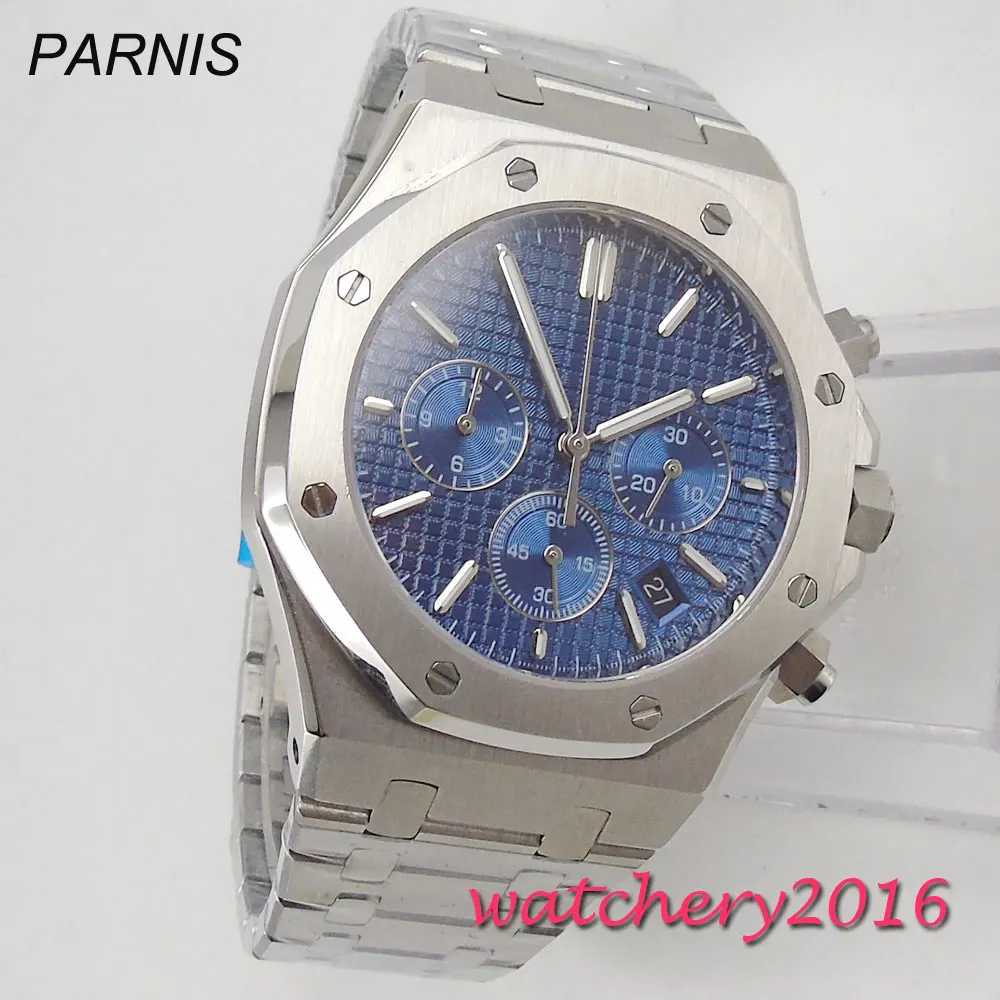 42 мм Parnis синий стерильный циферблат нержавеющая Дата полный хронограф кварцевые