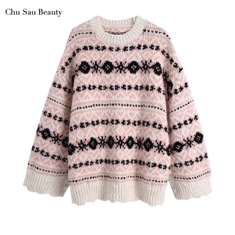 

New Women's Autumn And Winter Side Slit Jacquard Sweater Fashion Round Neck Loose Warm Top With Chic Side Slit Button Design