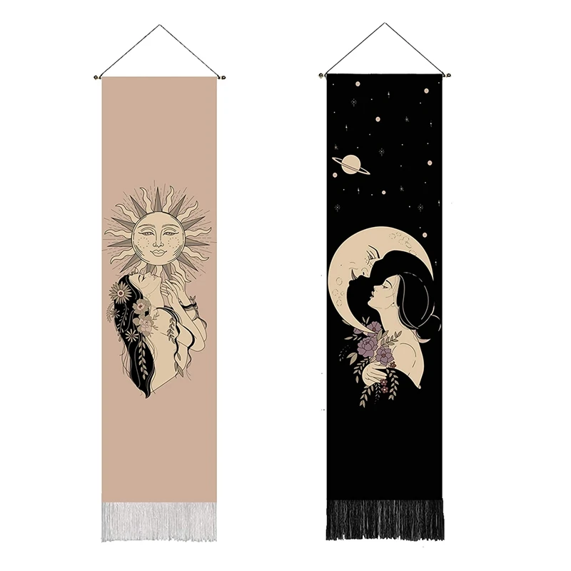 

2Set Narrow Tapestry Wall Hanging Long Sun Moon and Girl Bohemain Decor for Home Bedroom Living Room Vertical Tapestry