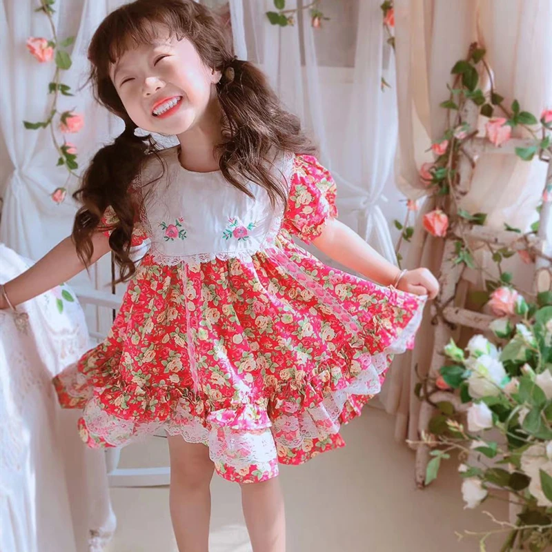 0-6Y Summer Floral Vintage Cute Casual Spanish Princess Shortsleeve Dress A-line Dress For Baby Girl Birthday Party Easter Gife