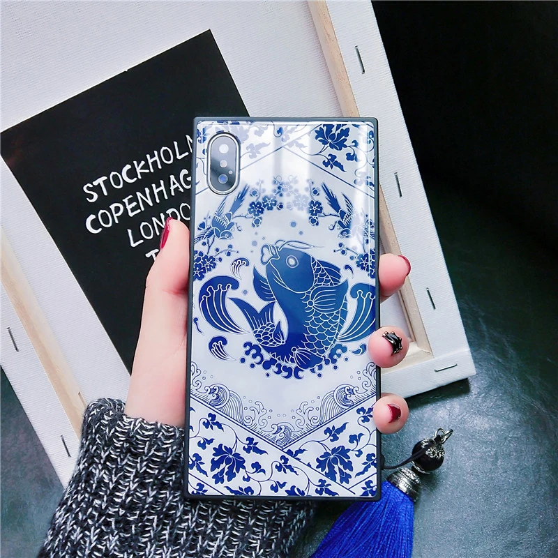 Для iPhone 11 Pro Max 11Pro XS Max XR X 8 7 Plus чехол китайский сине-белый фарфор закаленное стекло чехол ремешок для Apple 11 Funda