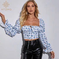 htzmo floral blouses women sweet white print top long puff sleeve backless square neck elastic drawstring summer party blusas