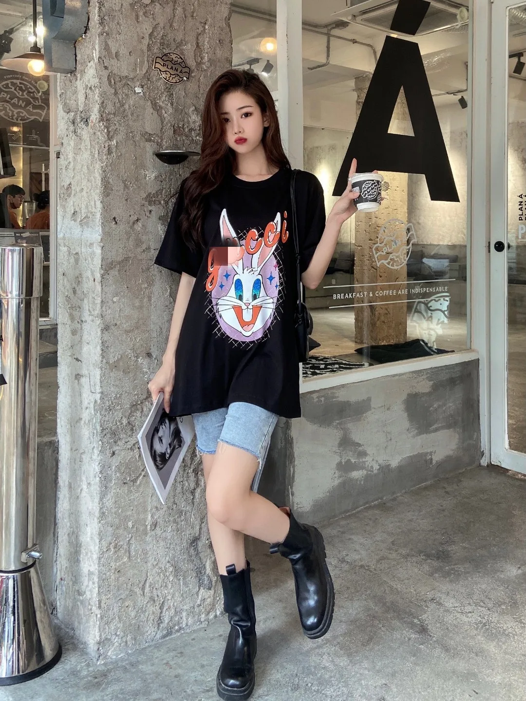 

G-1147 Artist's Collaboration Series Long-eared Rabbit Couple Short T ropa plus size mujer 2020 women fashion clothing