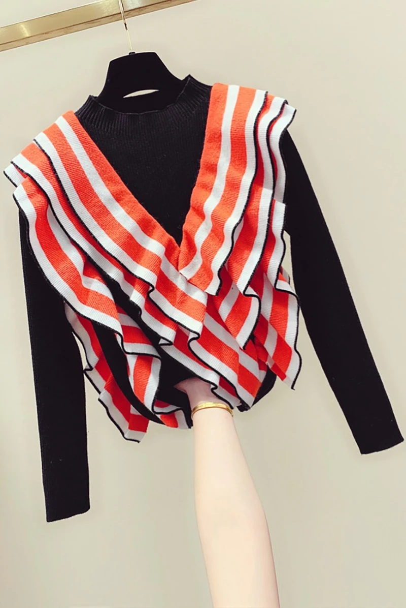 

Ruffles Irregular Striped Stitching Sweater Women's 2020 Autumn Winter New Color Matching Sweaters Lady Warm Knitwear Jumper