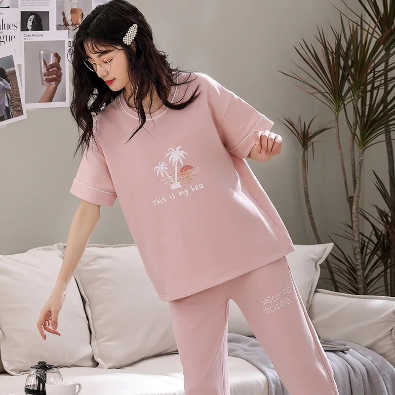 

Pajamas Pure Cotton Women's Summer Nightwear Short Sleeve Trousers Simple Leisure Loose Large Size Household Clothes Sleepwear