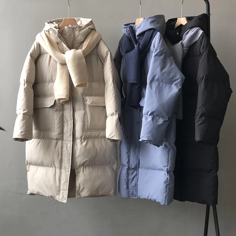 

Hooded Flap Pocket Long Puffer Coat With Scarf Beige / Blue / Black