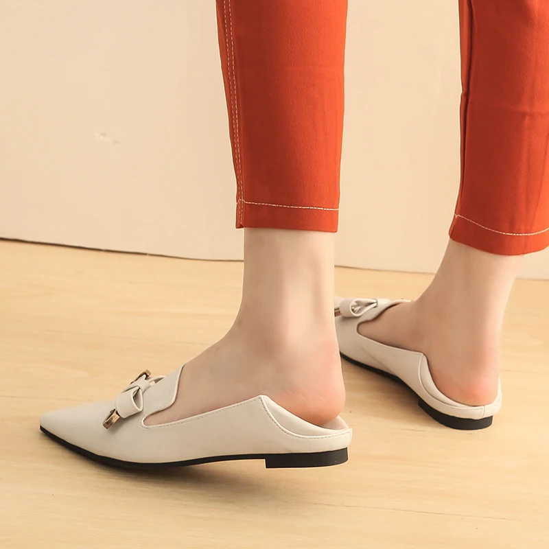 

Bow Women Loafers Leather Slippers Flats Ladies Shoes Casual Slip On Shoes Woman Loafer Mules Point Toe Korean Ladies Flat Shoes