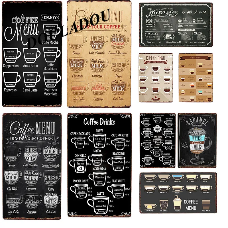 

[Douladou]Coffees Menu Vintage Tin Signs Bar Pub Home Wall Decor Retro Cafe Decorative Painting Plaque Poster 30*20CM