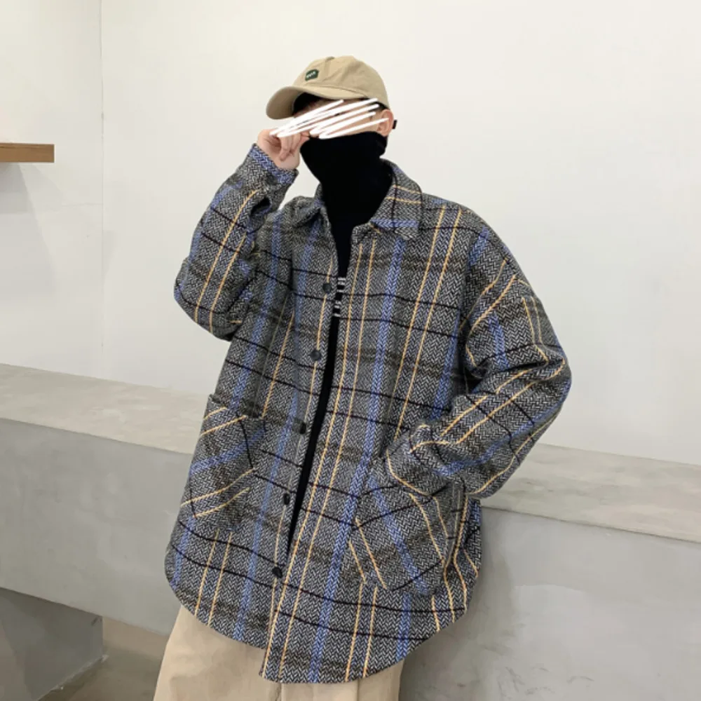 

Winter 2020 New Men's Plaid Medium Length Lapel Casual Coat Loose Fashion Trend Tweed Windbreaker Size Up M-5XL