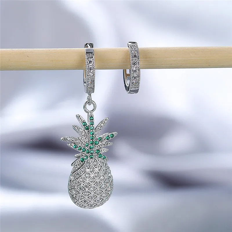 

Cute Female Pineapple Asymmetrical Earrings Rose Gold Silver Color Hoop Earrings For Women Green Crystal Fruit Wedding Earrings