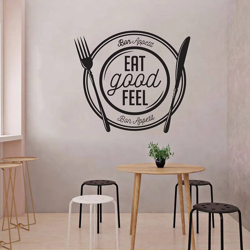 

Bon Appetit Eat Good Feel Western Restaurant Wall Stickers Vinyl Kitchen Decoration Knife and Fork Plate Decals Murals S461