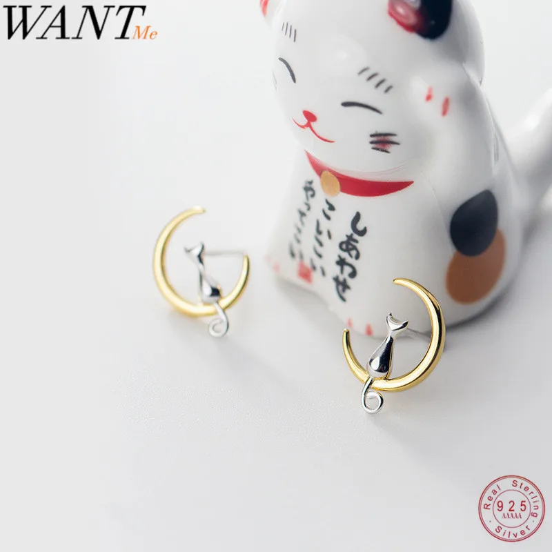 Женские серьги гвоздики в виде кота и Луны WANTME из стерлингового серебра 100% пробы