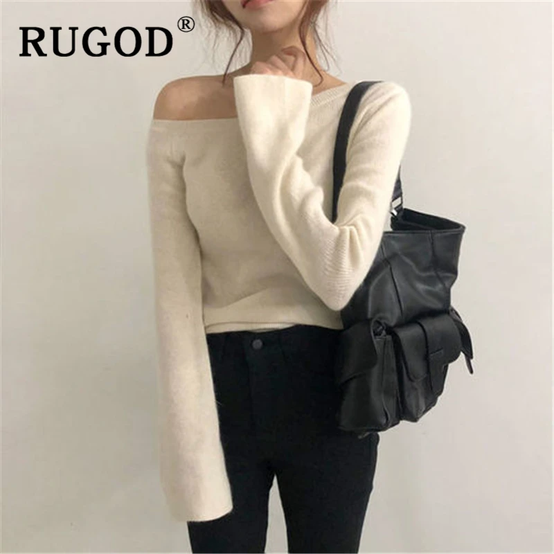 Женский вязаный свитер RUGOD однотонная винтажная туника с открытыми плечами и