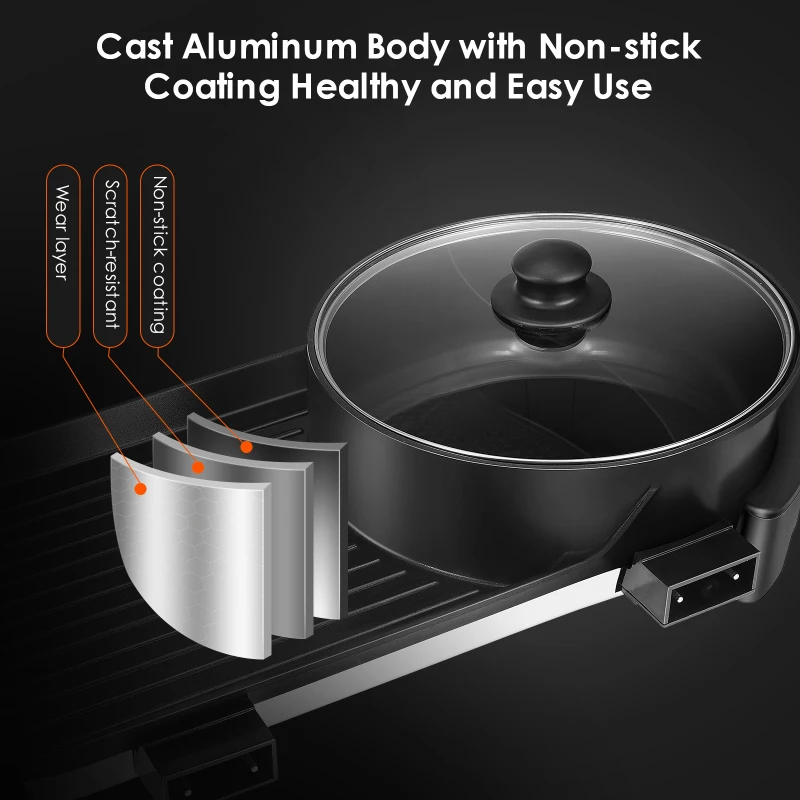 

Electric Grill Indoor Hot Pot ,Teppanyaki Grill/ Shabu Shabu Pot With Dual Temperature Contral, Capacity For 2-12 People,110V