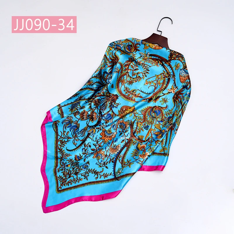 JJ090-34 90*90 см квадратный шарф для женщин, подходит ко всему, элегантные цветочные шарфы для волос, Женская бандана, весна-осень, атласные шелковые шарфы, шаль - Цвет: JJ090-34