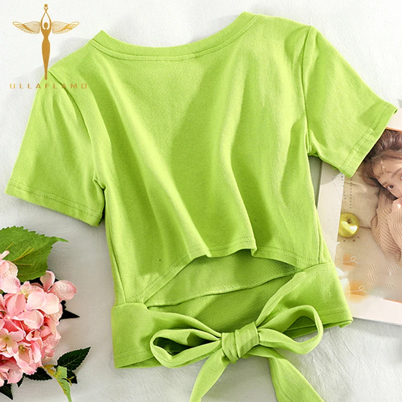 

Green Bow Bandage Slim Women T Shirt Summer O Neck Solid Color Casual Basic Crop Top Streetwear High Waist Blue Female Tshirt