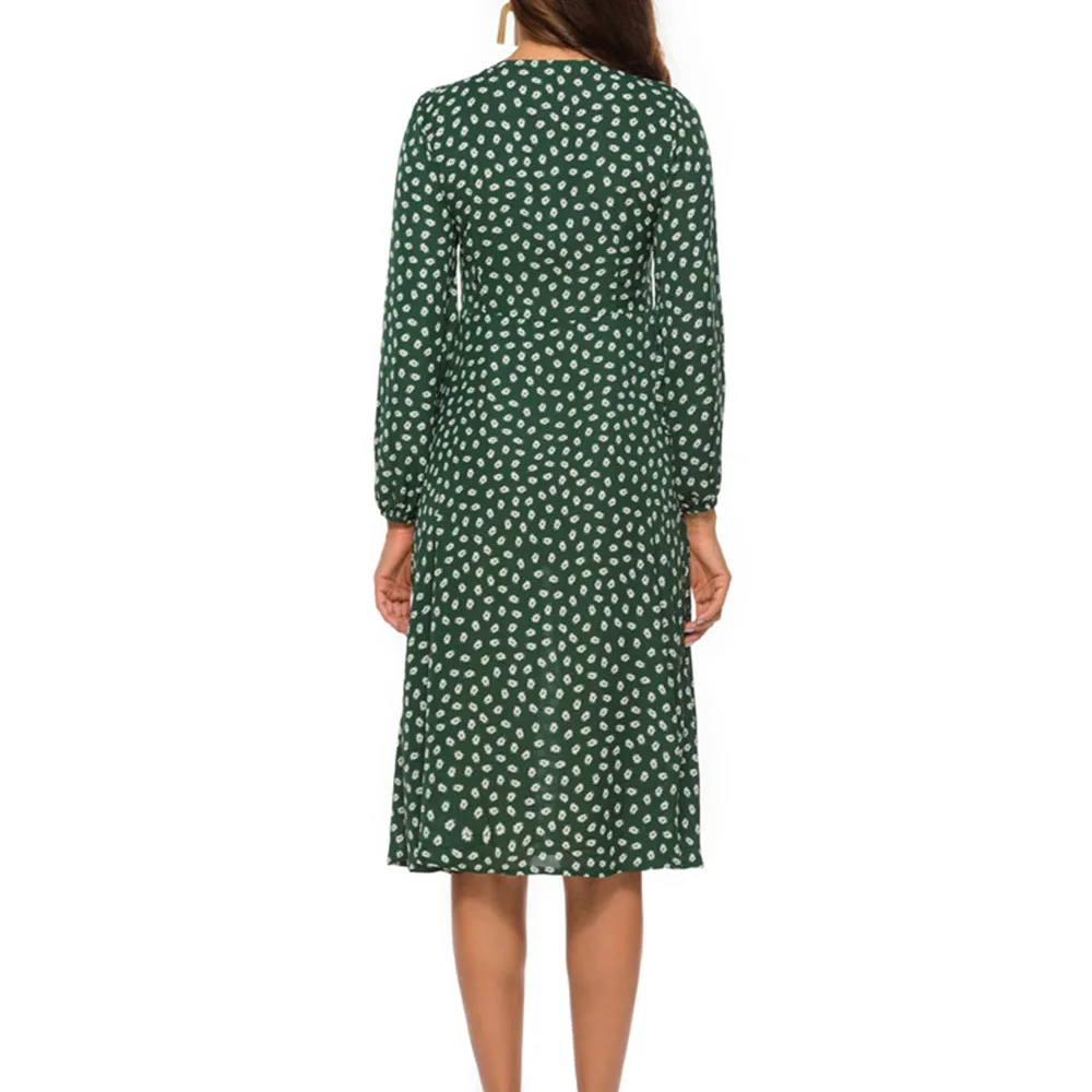 

Sexy Autumn Dress Women Casual Long Sleeve Chiffon Dress Print Slit V Neck Boho Beach Club Party Ladies Elegant Women Dress