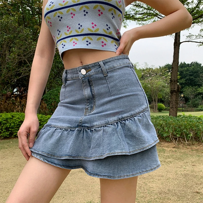 

Womens Vintage High Waisted Ruffles Hem Jeans Mini Denim Skirt Summer School Uniform A-Line Slim Package Hip Streetwear
