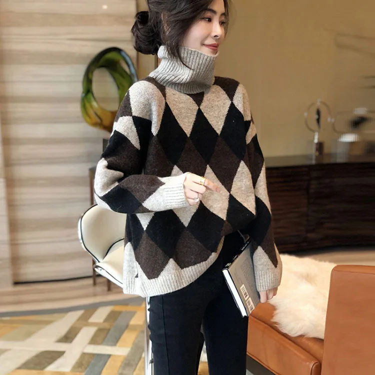 

Lazy wind loose diamond high neck sweater women's Pullover westernized top 2021 new built-in pile collar bottoming shirt